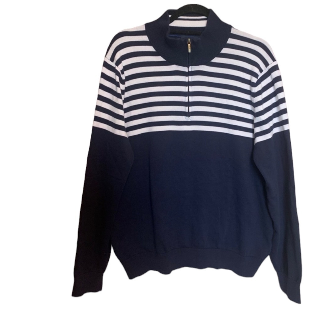 Brooks Brothers XL Navy White Striped 1/4 Zip Cotton Sweater Mock Neck Pullover